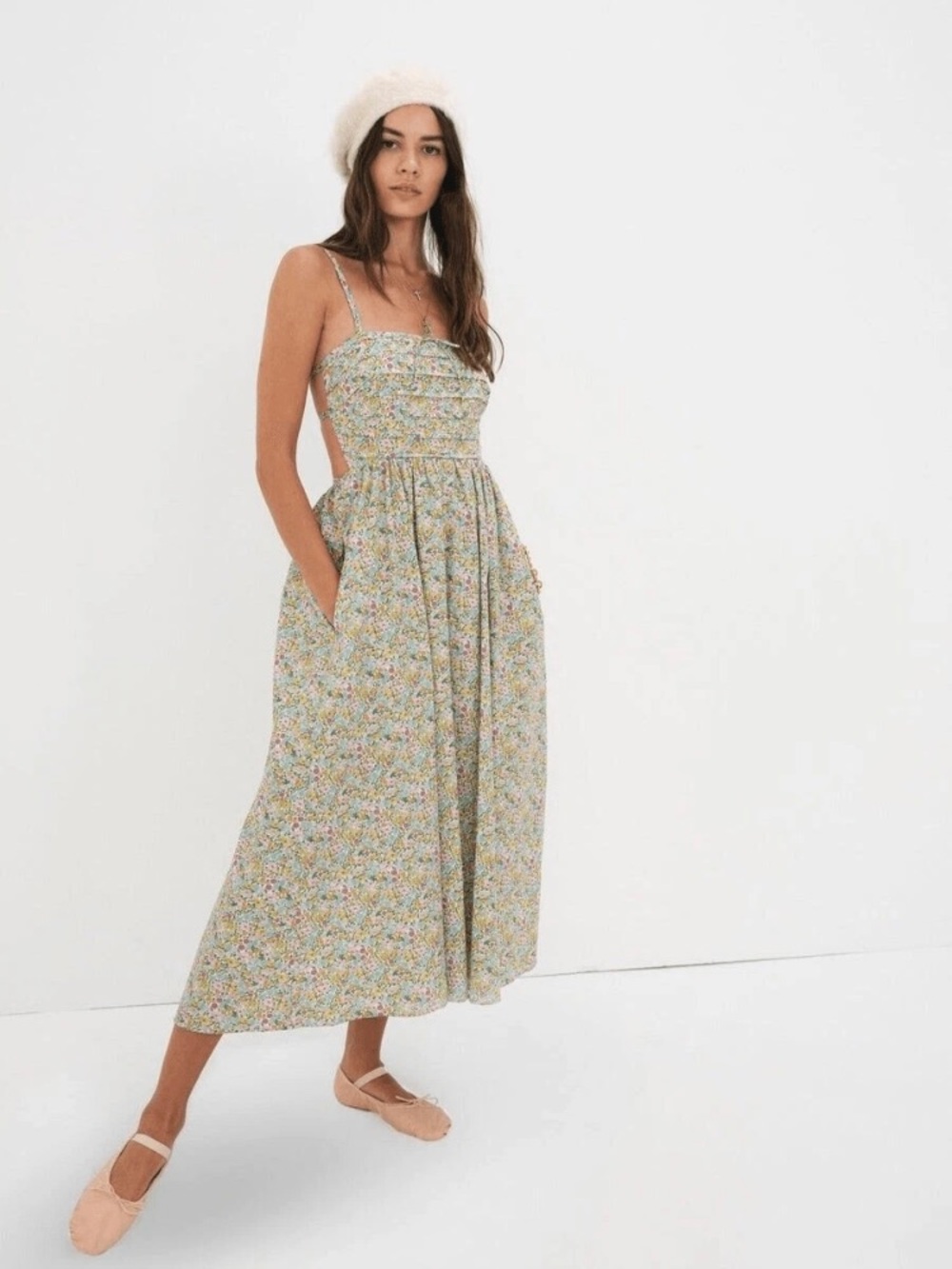 For Love & Lemons Raleigh cotton tie back floral Smocked Midi Dress